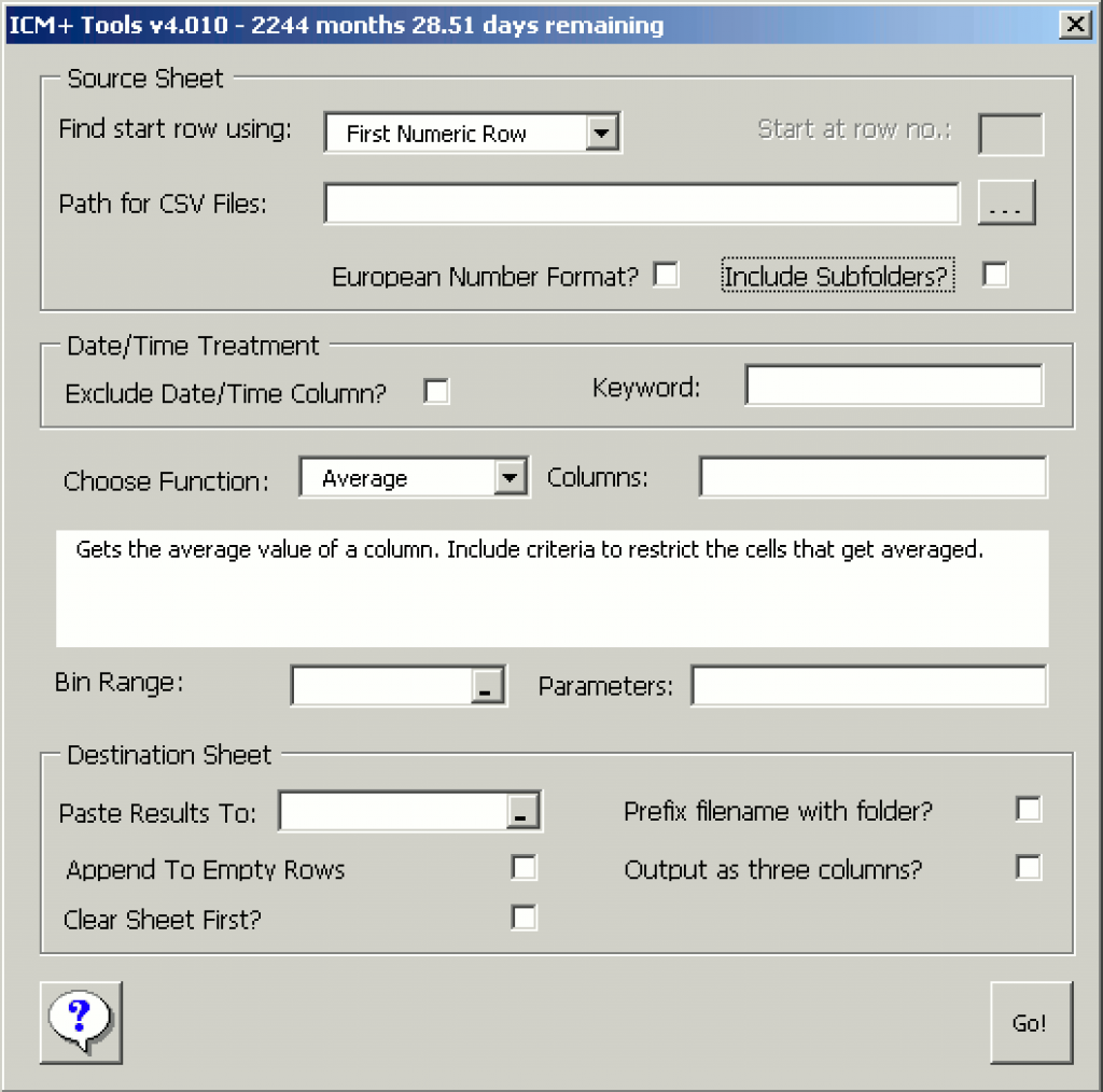 Screenshot of the ICM Tools, showing the Source sheet setup screen.
