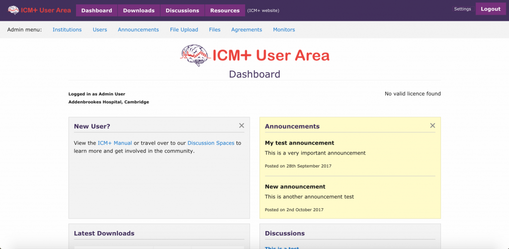 Screenshot displaying the Dashboard of the User area
